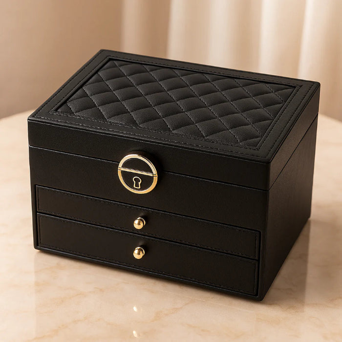 Black quilted jewelry box with gold accents on a beige surface