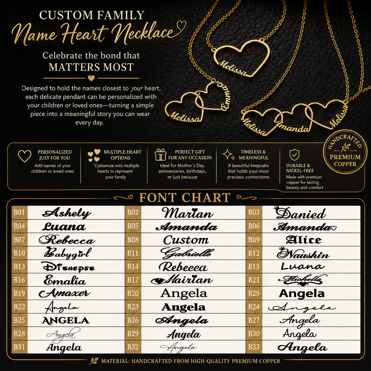 Gold heart-shaped necklaces with customizable names on a black background, featuring a font chart.