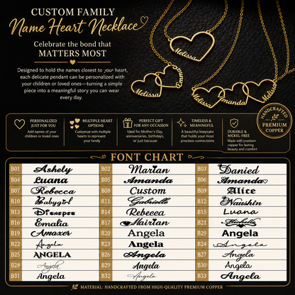 Gold heart-shaped necklaces with customizable names on a black background, featuring a font chart.